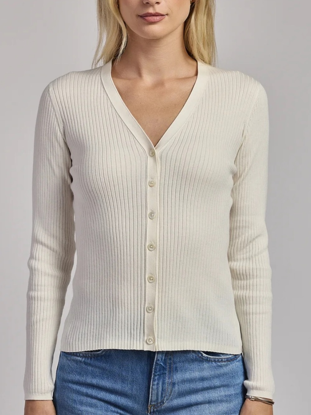 Good American Cream Ribbed V-Neck Button-Front Sweater! New! 6